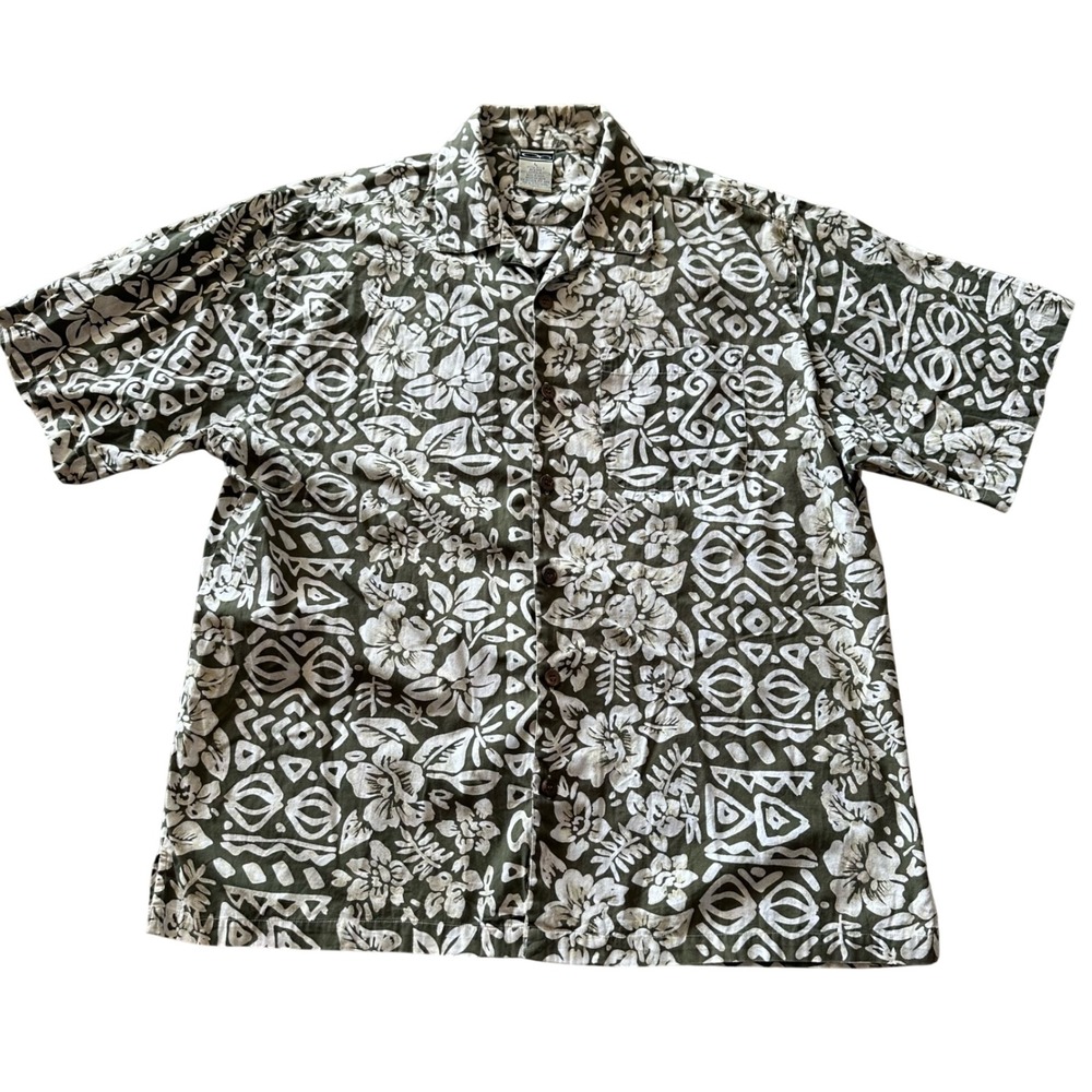 VTG Ocean Pacific Mens Floral Tribal Print Button Down Shirt Olive Green L
